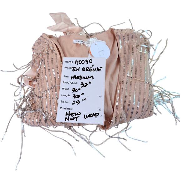 NEW En Creme Mini Robe WRAP DRESS & BELT Silver Sequin Fringe Women's MED Nude - Picture 12 of 13
